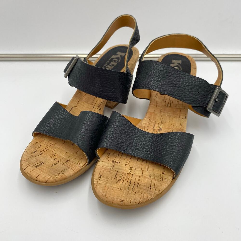 Korks By Kork Ease Women Black Pebble Leather Chucky Cork Heel Sandals Size 8